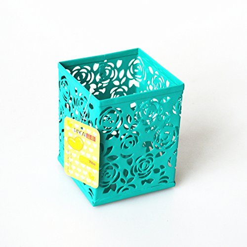 Angoo Cute Square Hollow Rose Flower Design Pen Holder Pencil Cup (Dark green)