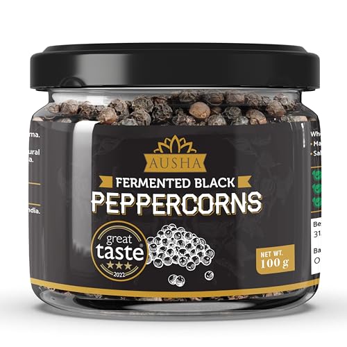Ausha Black Peppercorns Whole 100g - 3*** GREAT TASTE AWARD - Pickled Peppercorns Fermented in Brine with 5% Rock Salt - Use in cooking Sauce Salads Soups Pasta Marianating Food
