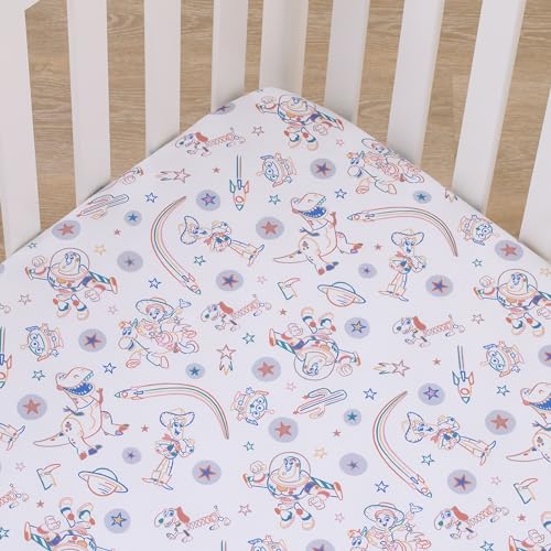 Image of Disney Toy Story Blue, Orange, and White, Woody, Buzz, and Jessie Super Soft Nursery Fitted Mini Crib Sheet