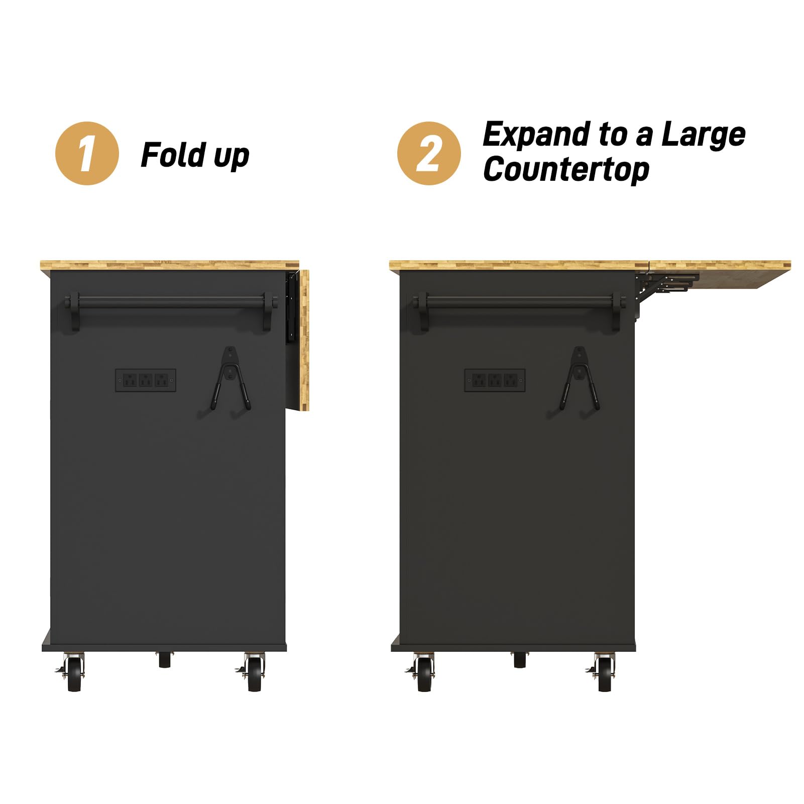 59" W Rolling Kitchen Island with Drop Leaf – Movable Kitchen Carts on Wheels Island with Storage Cabinet, Island Table for Kitchen with Rubber Wood Top and Rack and Drawer, Matte, Black