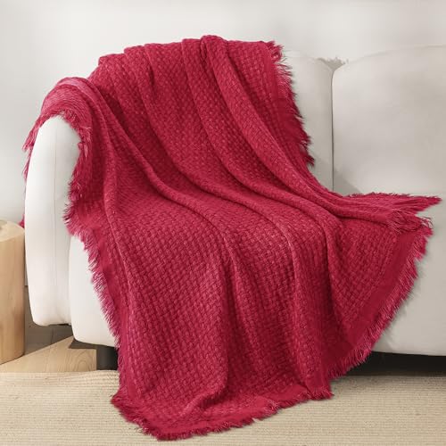 Exclusivo Mezcla Knit Throw Blanket with Fringes for Sofa Reversible Super Soft and Breathable Woven Boho Throw for Summer Home Decor 127x152 CM Red
