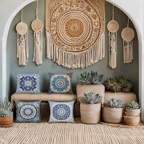 Jartinle Navy Mandala Pattern Throw Pillow Covers 18x18 Set of 4 Boho Accents Decorative Throw Pillows for Couch, Sofa, Outdoor Patio Bohemian Decor