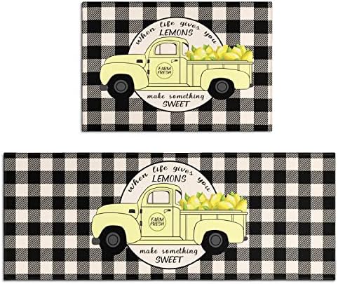 Faptoena Buffalo Plaid Lemon Kitchen Rugs and Mats Set 2 Pieces,Spring Summer Kitchen Rug Non Slip Absorbent Mats for Sink Waterproof Runner Rug for Laundry room17 x24 + 17"x48"