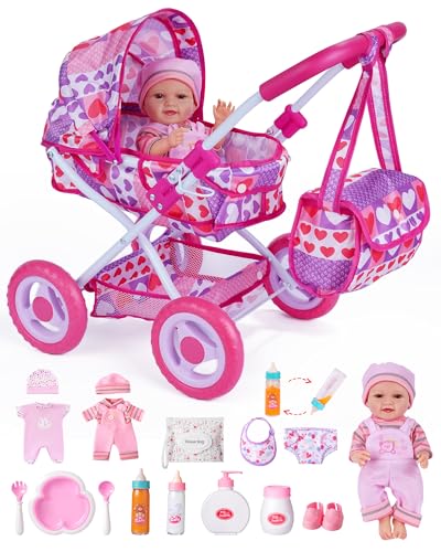 BABESIDE Baby Doll Stroller Set with 12 Inch Baby Doll 14 Pcs Baby Doll Accessories Folding Doll Pram Pretend Play Set Feeding Bath & Care Toys Gift for Girls Ages 3yrs+