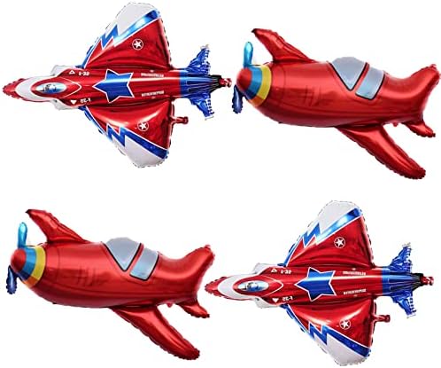 4PCS Red Airplane Balloons Fighter Jet Airplane Ballons Airplane Shaped Foil Mylar Balloons for Baby Shower Kids' Boys Birthday Party Supplies Decorations