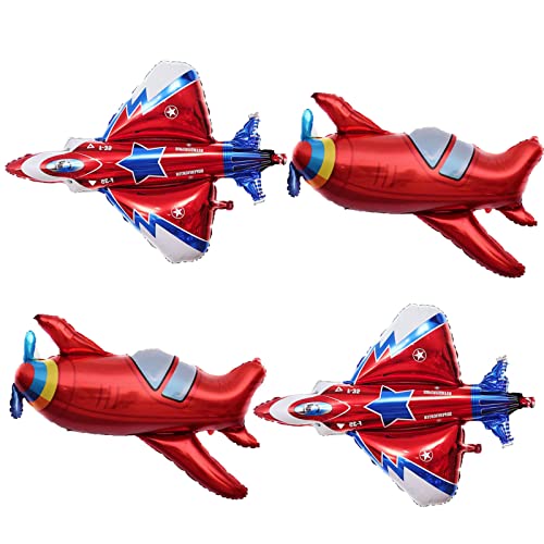 4Pcs Red Airplane Balloons Fighter Jet Airplane Ballons Airplane Shaped Foil Mylar Balloons For Baby Shower Kids' Boys Birthday Party Supplies Decorations #TOP2