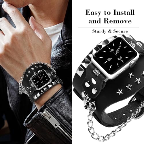VIQIV Leather Band Compatible with Apple Watch Bands Series 9 8 7 6 5 4 3 38mm 40mm 41mm 42mm 44mm 45mm 49mm for Women Men, Genuine Leather Goth Western Dressy Smart Watch Band Straps for iWatch