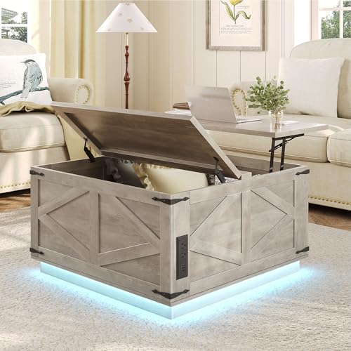 Jocoevol Rustic Grey Farmhouse Lift-Top Coffee Table: Square Wood Center Table with Hidden Storage Compartment, Floating LED Lights & USB-C Charging Station - Living Room Furniture