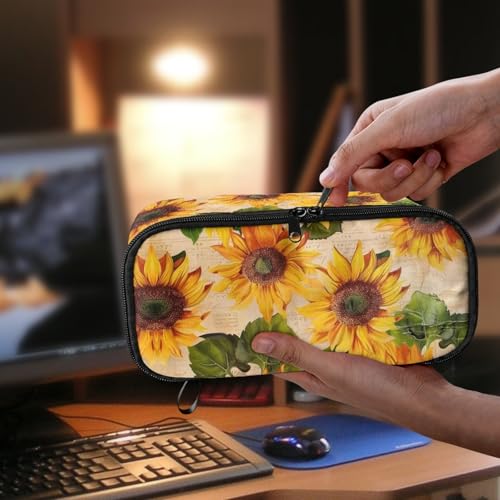 Image of Sunflower Vintage Large Pencil Pouch for Women Girls Aesthetic Pencil Case with Pen Slot Kids Pencil Bag for Eleementary Children Boys Pencil Container for Teens Students Pencilcase