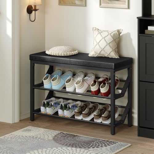 Shoe Bench with Cushion, Entryway Bench with Shoe Storage, HX09BB | Shoe Rack Bench with PU-Leather Cushion, Slanted Shoe Rack with Bench, Shoe Storage Bench for Entryway