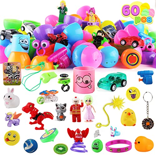 60 Pcs Toys Plus Stickers Pre Filled Easter Eggs, 2 3/8 â€ Bright Colors Easter Eggs for Easter Basket Stuffers, Easter Party Favors, Easter Egg Hunt, Classroom Events