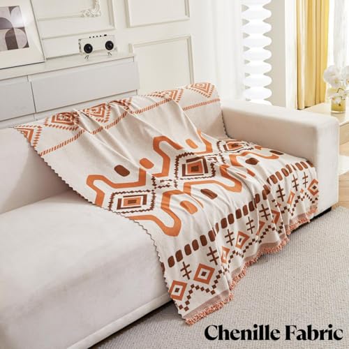 Image of HOMETHREADS Chenille Bohemian Boho Style Sofa Cover | Thick & Soft Luxury Slipcover | Protective, Washable & Stylish Couch Cover for Living Room Decor. (Bohemian Orange, 2 Seater | 140x180cm)