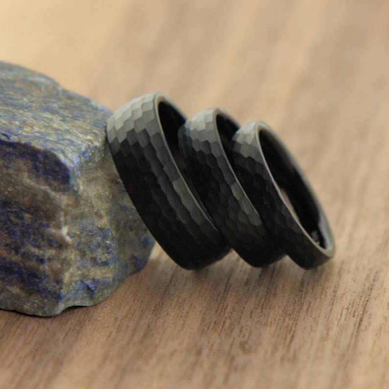 Custom Engraved Tungsten Carbide 4, 6 or 8mm Wedding Band Hammered Pattern Black Plated Ring2