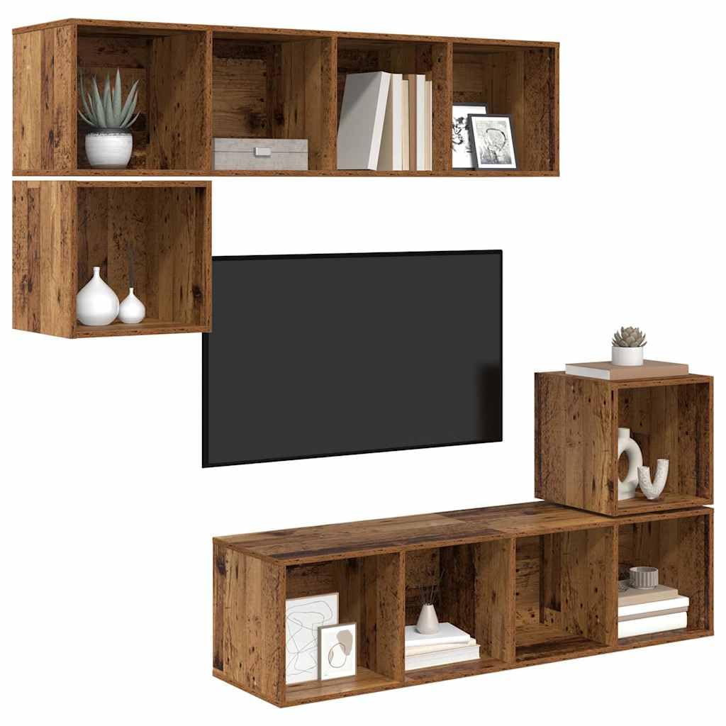 Set di 4 mobili per TV da parete, mobile basso in legno effetto legno anticato, pensili sospesi per soggiorno e intrattenimento, salvaspazio, 4 moduli