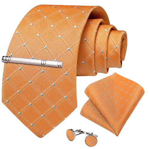 Image of DiBanGu Mens Silk Plaid Tie and Pocket Square Set | Elegant Silk Formal Tie Set, Woven Check Necktie and Cufflinks Tie Clip Set, Perfect for Wedding Party, Comes in Gift Box