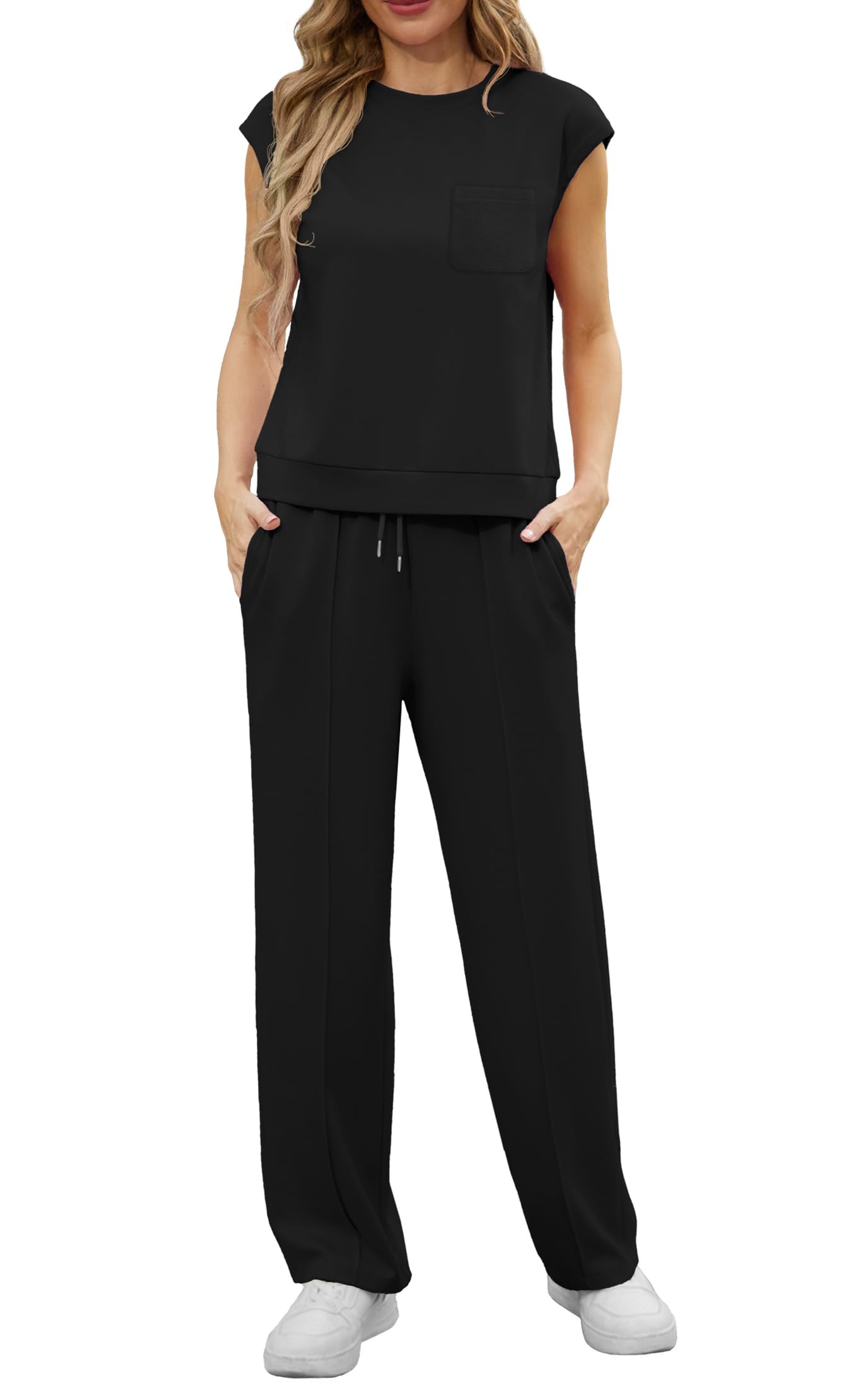 GRECERELLE Conjunto de dos piezas para mujer, conjunto completo de chándal de verano de manga corta para mujer, conjunto completo de ropa de descanso para mujer, cuello redondo, manga casquillo y