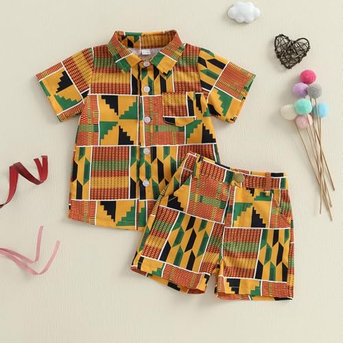 Image of Toddler Boy Summer Outfits Button Down Short Sleeve Floral Shirts & Casual Shorts 1-6 Years Boys Clothes Set