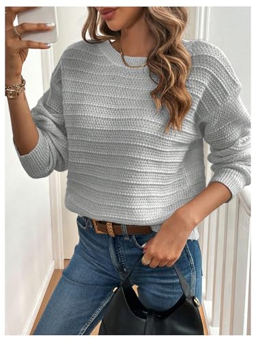 Image of MakeMeChic Women's Bow Sweater Tie Back Long Sleeve Crew Neck Knitted Sweater Pullover Tops Grey Small