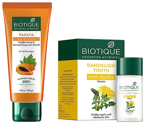 Image of Biotique Bio Dandelion Visibly Ageless Serum And Bio Papaya Revitalizing Tan Removal Scrub (40 ml and 100 g)