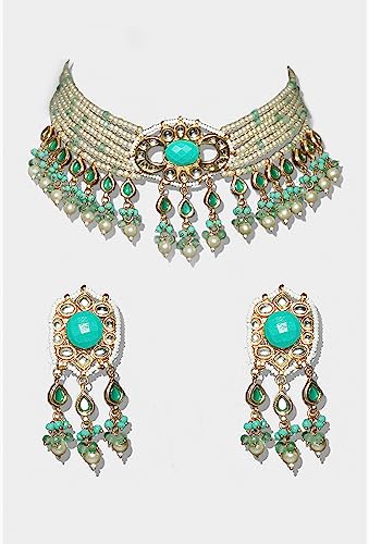 AURAA TRENDS 22KT Gold Plated Kundan Classic Blue Necklace Set For women and Girls AT-1008667 - Image 3