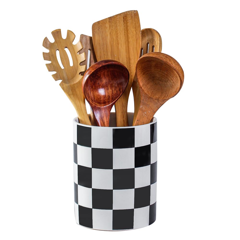 Joyramic Kitchen Utensil Holder, 6.3 Inch Checkered Ceramic Cooking Utensil Holder Modern Utensil Crocks for Kitchen Counter-Farmhouse, Housewarming Gift, Decor and Accessories (Black-White, 16 cm)