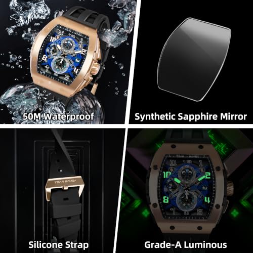 Image of TSAR BOMBA Men's Luxury Quartz Watch, Luminous Dial 5ATM Water Resistance Silicone Strap Men's Wristwatch Ideal Gift for Men