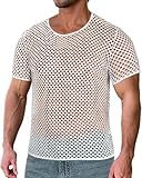 Men's Fishnet Short Sleeve Top Crew Neck Sheer Tee Shirt Casual Blouse(White,L)
