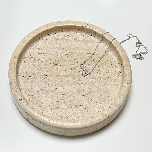 PINXIHAY Natural Travertine Jewelry Ring Dish Tray for Women, 5.9 Inch Round Ring Dish, Marble Tray, Ring Holder, Table Decor, Dresser Organizer for Nightstand, Bathroom, Kitchen