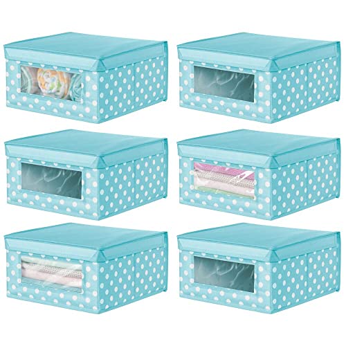 mDesign Soft Stackable Fabric Closet Storage Organizer Holder Box - Clear Window, Attached Lid, for Child Kids Room, Nursery - Polka Dot Print - 6 Pack - Turquoise White