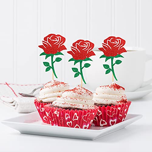 Belrew 24 Pcs Rose Flower Cupcake Topper, Flower Theme , Tea Party Dessert Decor, Wedding Anniversary Cupcake Decor, Birthday Cupcake Supplies, Wedding Party Decoration Supplies Glittery Red & Green #TOP1