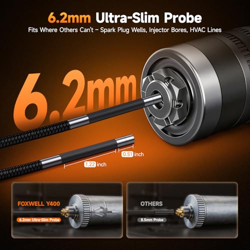 Image of FOXWELL Y400 Two-Way Articulating Borescope with Light, 0.24in Ultra-Slim Probe, 220 Articulation, IPS HD Screen, Industrial Endoscope Inspection Camera for Automotive Engine, HVAC & Plumbing - 5.3FT
