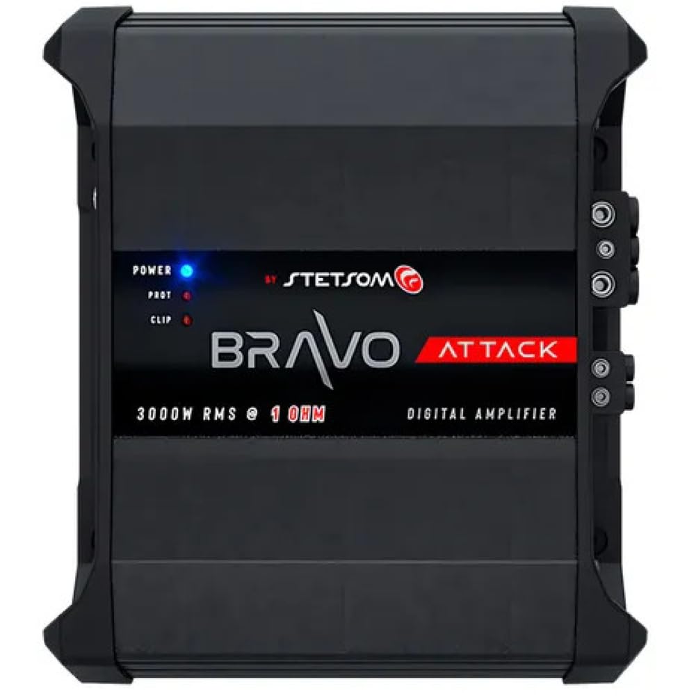 KIT SET PER STETSON BRAVO ATTACK 3000 amplificatore digitale, monofonico, 1 canale, full range, 3000 watt rms a 1 ohm, bass boost 0-12 dB, per auto, 1 pezzo