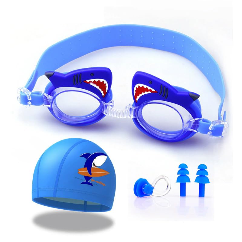 4 Pcs Shark Kids Swimming Cap, Stretchable Swim Cap Adjustable Goggles Nose Clip & Earplugs, Swimming Sets for Children Teens (Shark)