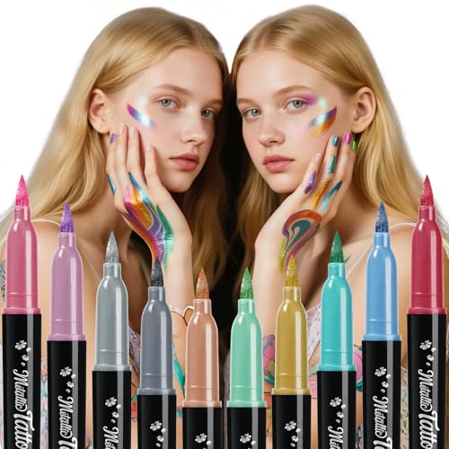 ThEast 10 Colors Metallic Face Paint, Athena Face Body Paint, Temporary Tattoo Markers for Skin...