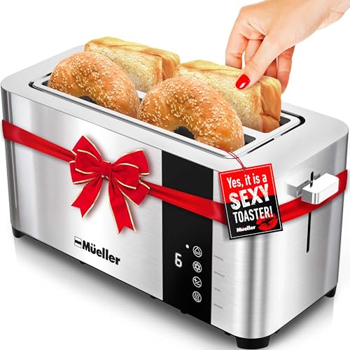 Image of Mueller UltraToast Full Stainless Steel Toaster 4 Slice, Long Extra-Wide Slots for Bagels and Waffles, 6 Browning Levels, LED Display, Cancel/Defrost/Reheat Functions & Removable Tray, Kitchen Gadgets