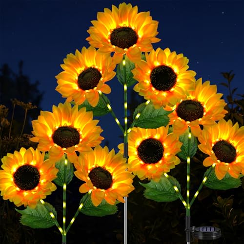 Solar Sunflowers Outdoor Waterproof 3 Pack Solar Flowers Stake Lights with 9 Big Realistic LED Sunflower for Yard Garden Cemetery Grave Lawn Flower Pot Fall Outside Decorations (Sunflowers)