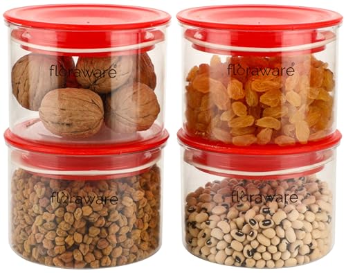 Floraware Plastic Air Tight BPA Free Round Push Multipurpose Matte Lid Containers Set for Kitchen Storage Organizer for Grains, Spices, Snacks Storage 500ml Pack of 4 (Red)