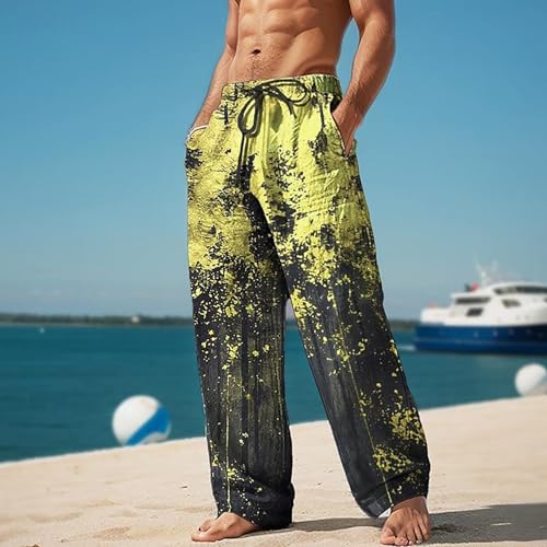 Generic Mens Linen Beach Pants Big and Tall Casual Lounge Drawstring Vacation Print Pants with Pockets Lightweight Trousers2