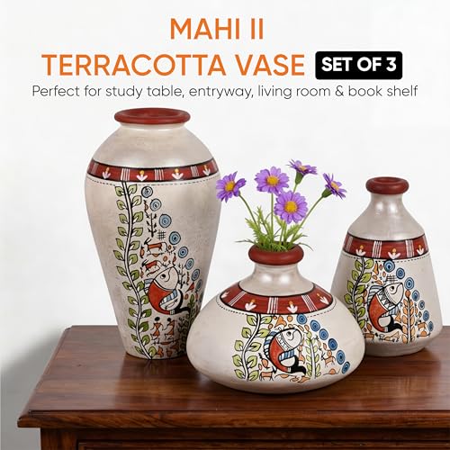 Image of Aakriti Art Creations Vase Earthen Miniatures Silver Madhubani Set of 3 | Hand-Painted Terracotta Flower Vases | Matte Finish Decorative Vases for Living Room, Table Decor & Gifting