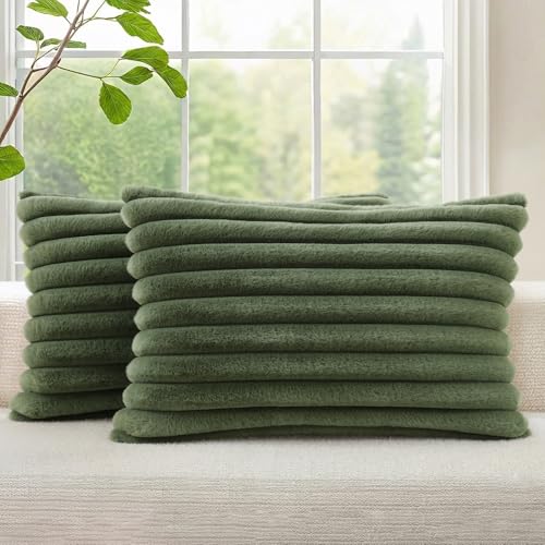 Image of decorUhome Fall Cozy Faux Fur Throw Pillow Covers 12x20 Set of 2 Decorative Soft Plush Striped Lumbar Modern Farmhouse Boho Couch Pillow Cases with Velvet Back for Sofa Bed Living Room, Olive Green