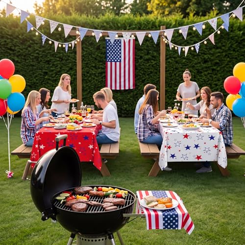 Image of Newwiee 6 Pcs 4th of July Patriotic Tablecloth Disposable American Flag Table Cloth Plastic Red White Blue Independence Day Rectangle Table Cover 250th Decoration(Funny Style,51x87)