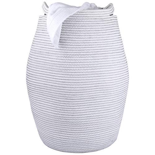 Cesta ropa sucia, cesta almacenaje de cuerda de algodón con asas, cesta toallas baño, cestas organizadoras baño, 56*40.6 cm, Blanco, grande, Línea en zig-zag con patrón