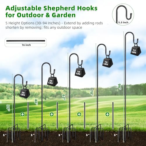 Image of 94 inch Heavy Duty Shepherds Hooks for Outdoor, Bird Feeder Pole with 5 Prong Base, Adjustable Height Shepherds Hook for Hummingbird Feeder, Bird Feeder, Plant, Wind Chimes,Lanterns,Wedding Decor (1 Pack)
