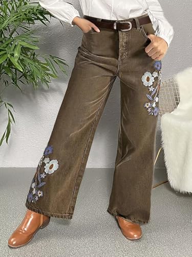 Flamingals Straight Leg Pants for Women Vintage Floral Embroidery Design Casual Pants3