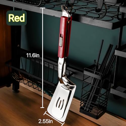 Jrsoul He Anti-Scald Extended Handle Spatula Tongs 11.6 Inch Multifunctional Stainless Steel Cooking Tongs Food Shovel Clamp for Flipping Steak Fish Bread Hamburger BBQ Frying Pancake Pies Pizza