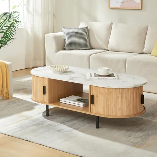 [en.casa] Table Basse Design Scandinave Table d'Appoint Bout de Canapé avec Portes Couilissantes Compartiments de Rangement MDF Bambou Métal 120 x 55 x 40 cm Effet...