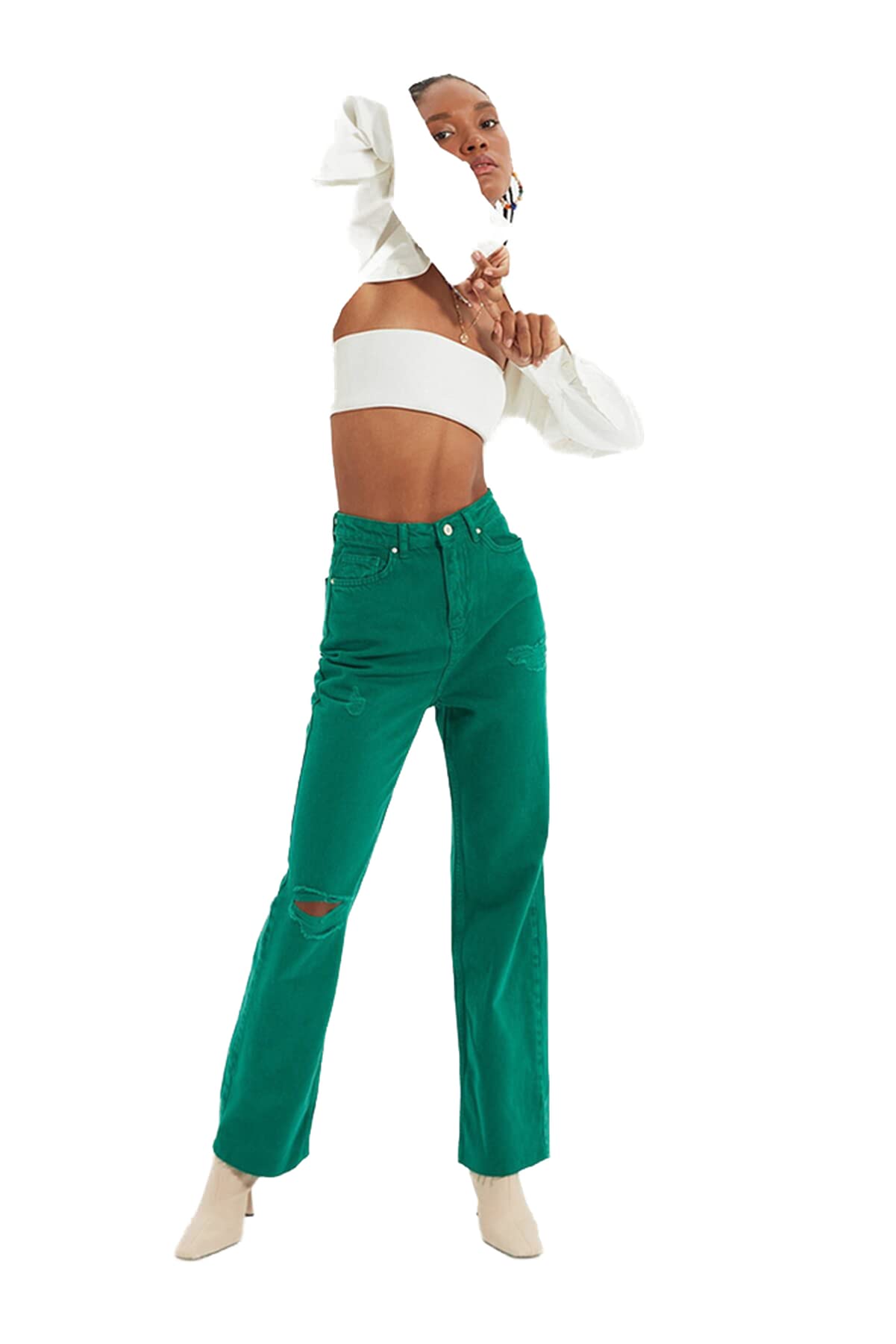 Trendyol Women's Green High Waist Wide Leg 90'S Wide Leg Jeans Size 38