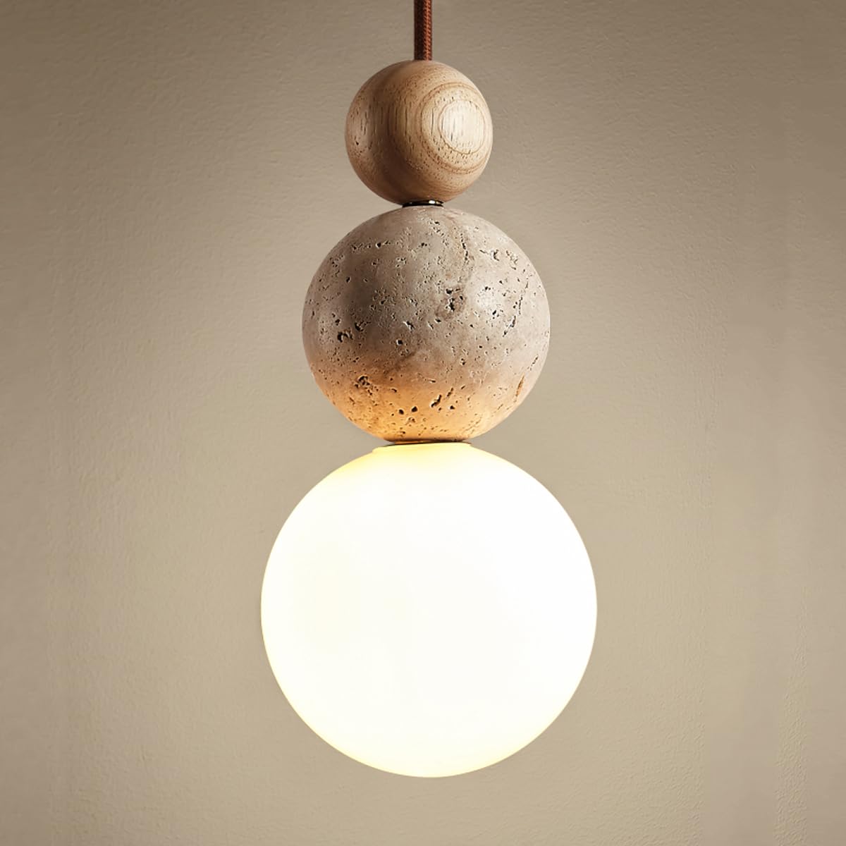 SYAXVOM Nordic Yellow Travertine Pendant Light - Wabi-Sabi Glass Hanging Lamp Adjustable LED 3000K Chandelier for Bedroom Living Room Over Table Mini Lighting Fixtures