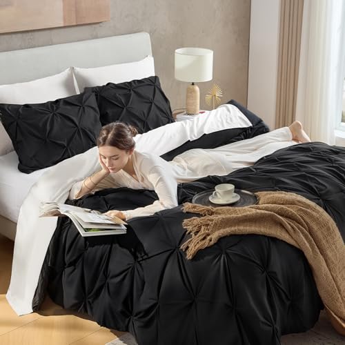 Image of Andency Oversized King Pinch Pleat Comforter Set (120 inchx98 inch),3 Piece Lightweight Pintuck Bedding Comforters & Sets, Fluffy Down Alternative Comforter with 2 Pillow Shams for All Season,Black