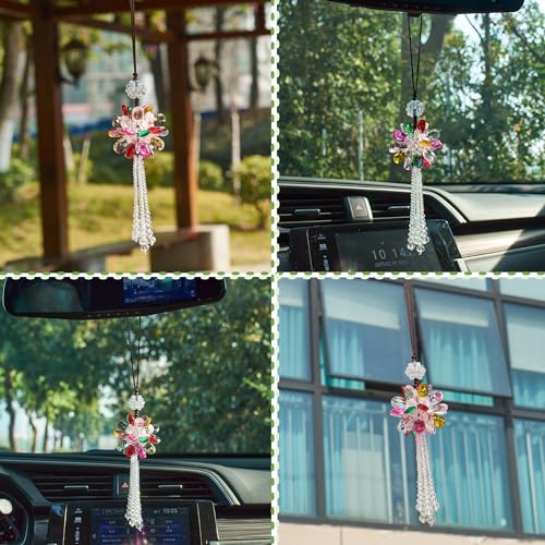 Image of Crystal Flower Ball Car Pendant Lucky Car Mirror Hanging Ornament Crystal Suncatcher Hanging Charm Auto Interior Decoration, Colorful